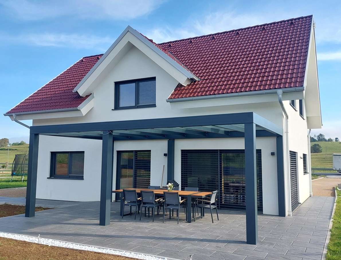 KUBO nadstrešek za teraso s kritino iz kaljenega stekla